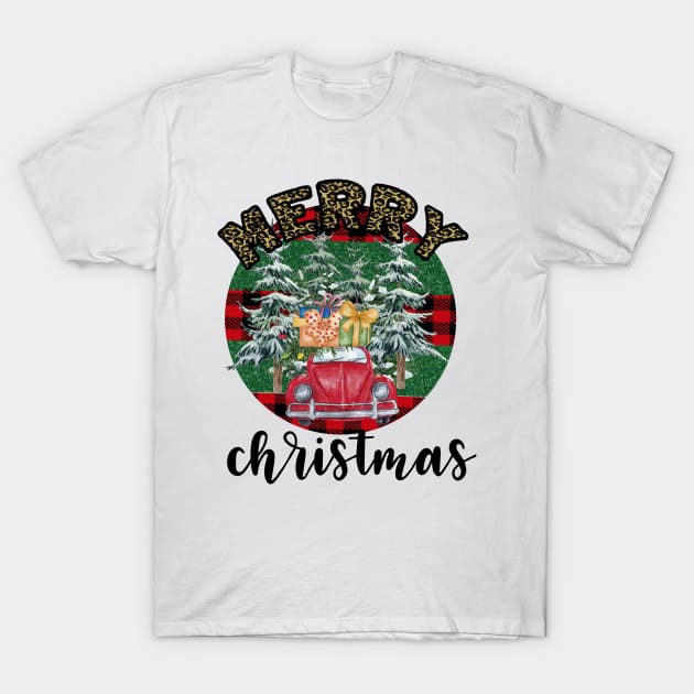Merry christmas leopard buffalo plaid tree truck T-Shirt by Peach Lily Rainbow